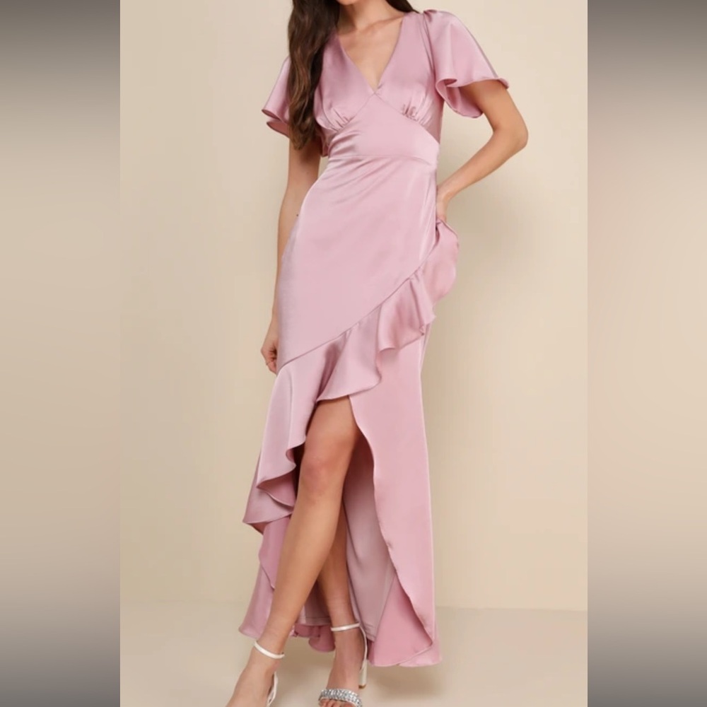 NWT Lulu's Blush Satin High Low Ruffle Dress